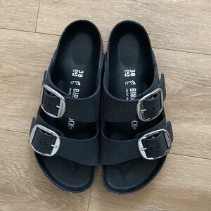 Birkenstock Big Buckle Black and Silver Leather Sandals Slides Size 8